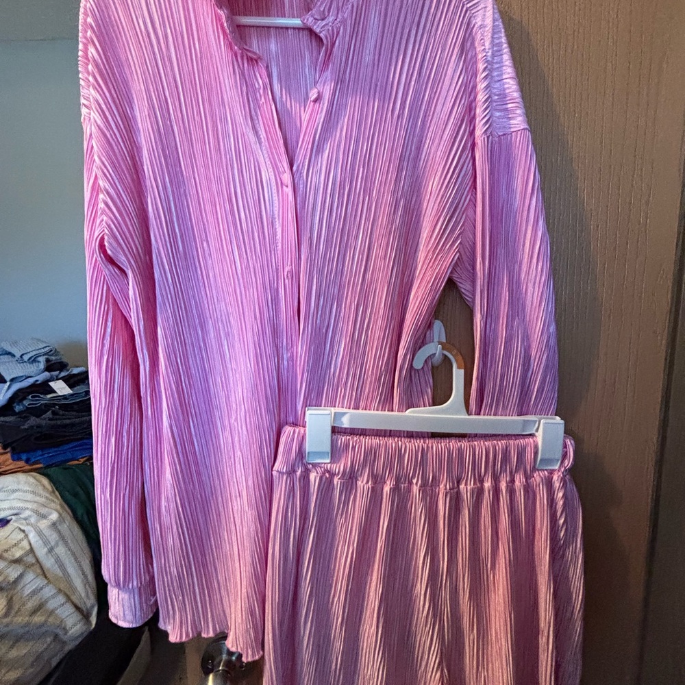 Pink Pleated Shirt and Shorts Set